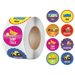 100-500Pcs 1inch Cartoon Car Aircraft Excavator Stickers Children's Toys Reward Learning English Label Stationery Gift Sticker (Online Order Only)
