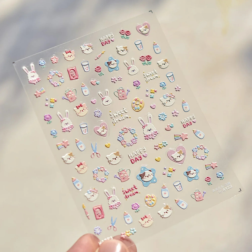 Cream Wind Cat Rabbit Kitten Bunny Bowknot Flower Butterfly Cake Cherry Tulip 5D Self Adhesive Nail Art Stickers Manicure Decals (Online Order Only)