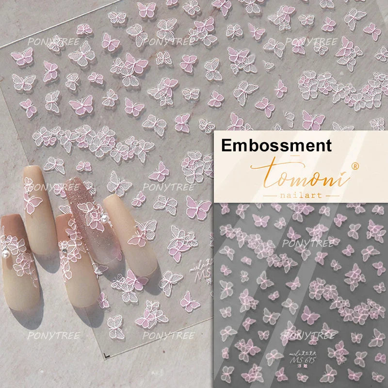 Delicate Dreamy Petal Star Tulip Flower Purple Bowknot Butterfly Illusion Chic Relief Adhesive Nail Art Stickers Manicure Decals (Online Order Only)