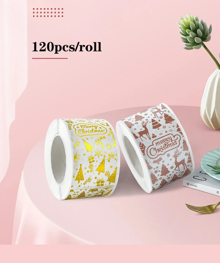 120pcs Rectangle Gold Foil Sticker Rose Gold Merry Christmas Stickers Gift Seal Labels Shipping Stickers For Decoration Envelope (Online Order Only)