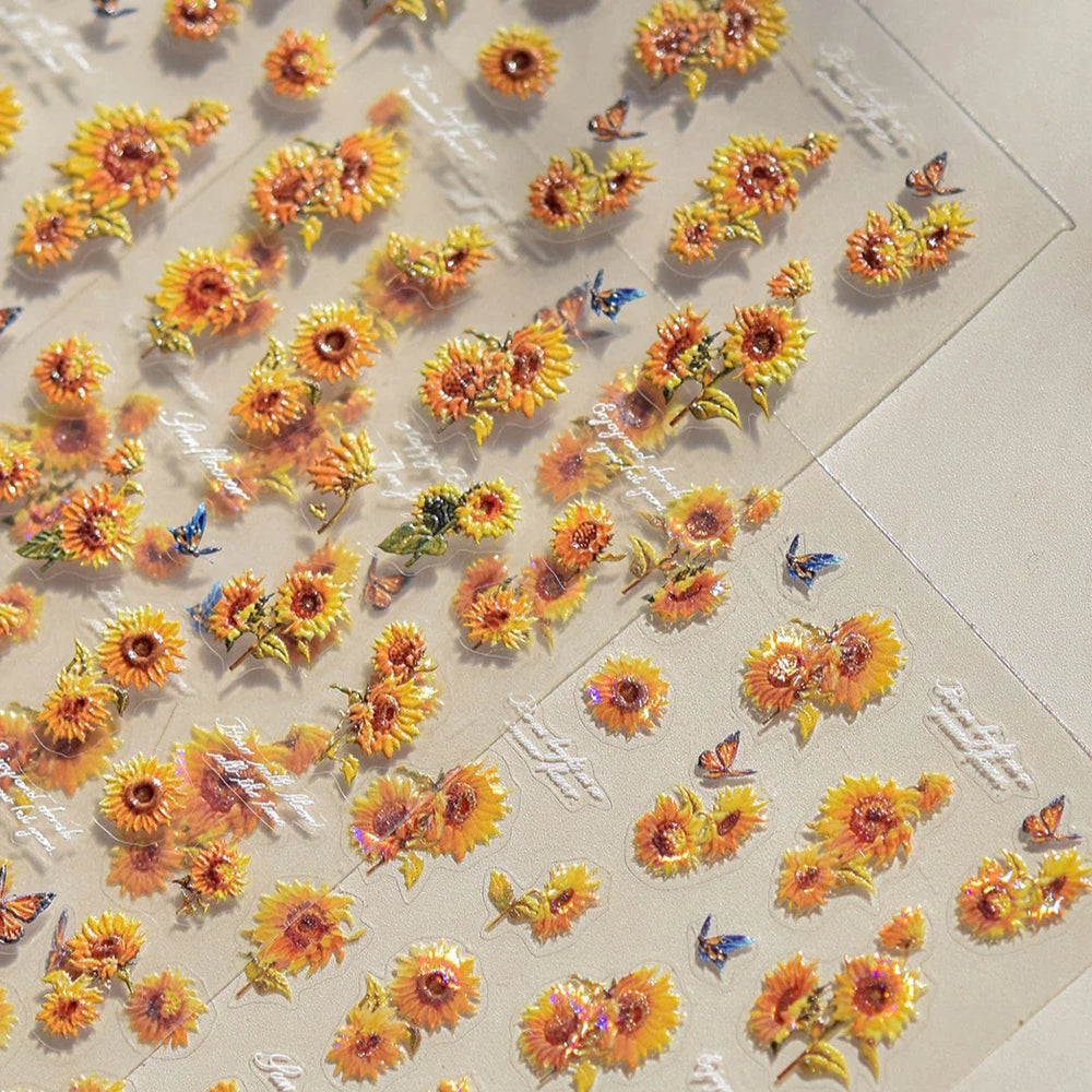 Embossed Shiny Vigor Sunflower Turnsole Vitality Butterfly Daisy Oil Painting Plant 5D Adhesive Nail Art Sticker Manicure Decals (ONLINE ORDER ONLY)