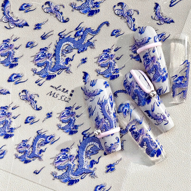 Retro Embroidered Dragon Red Pink Blue White Porcelain Chinese 3D Embossed Relief Self Adhesive Nail Art Stickers Manicure Decal (ONLINE ORDER ONLY)