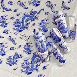 Retro Embroidered Dragon Red Pink Blue White Porcelain Chinese 3D Embossed Relief Self Adhesive Nail Art Stickers Manicure Decal (ONLINE ORDER ONLY)