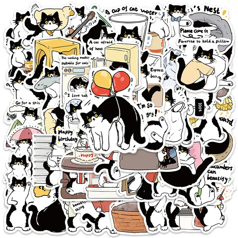 50pcs Funny Cute Cartoon Animal Pet Tuxedo Cat Stickers Water Bottle Stickers Luggage Laptop Guitar Skateboard Vinyl Decals (Online Order Only)