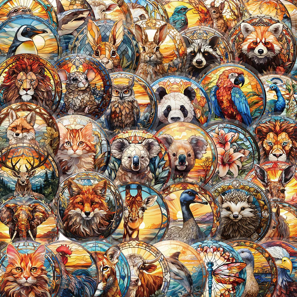 50PCS Stained Glass Gothic Animal Cartoon Sticker DIY Phone Laptop Luggage Skateboard Graffiti PET Decals Fun for Kid Toy (Online Order Only)