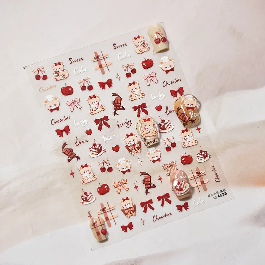 Bowknot Bear Cake Chocolates Food Star Cherry Apple Cook Love Heart Adhesive Nail Art Sticker Rhinestone Reliefs Manicure Decal (ONLINE ORDER ONLY)