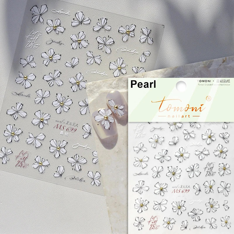 Dried Flowers Rose Butterfly Love Heart Golden Stroke Flying Crane Silver Adhesive Nail Art Stickers Rhinestone Manicure Decals (ONLINE ORDER ONLY)