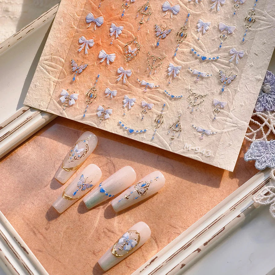 Retro Blue Bowknot Butterfly Love Heart Pendent Hot Stamping Gold Silver Adhesive Nail Art Stickers Manicure Decals Wholesale (Online Order Only)