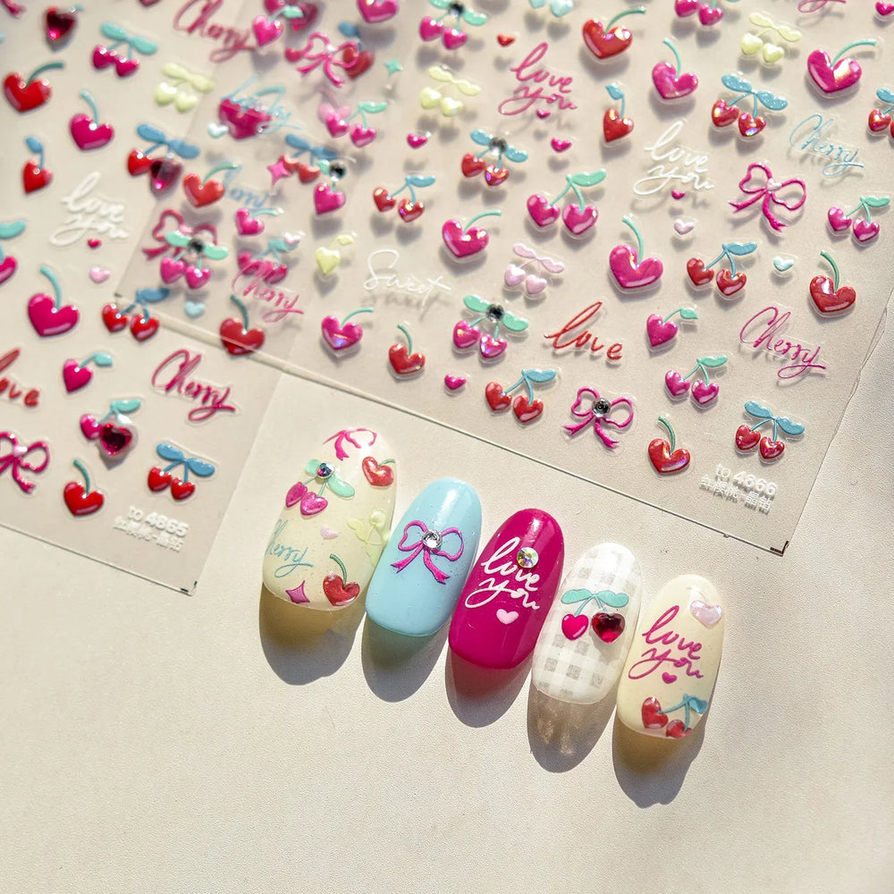Lovely Pink Red Cherry Fruit Love Heart Star Lucky Letter Bowknot Romantic Adhesive Nail Art Stickers Rhinestone Manicure Decals (Online Order Only)