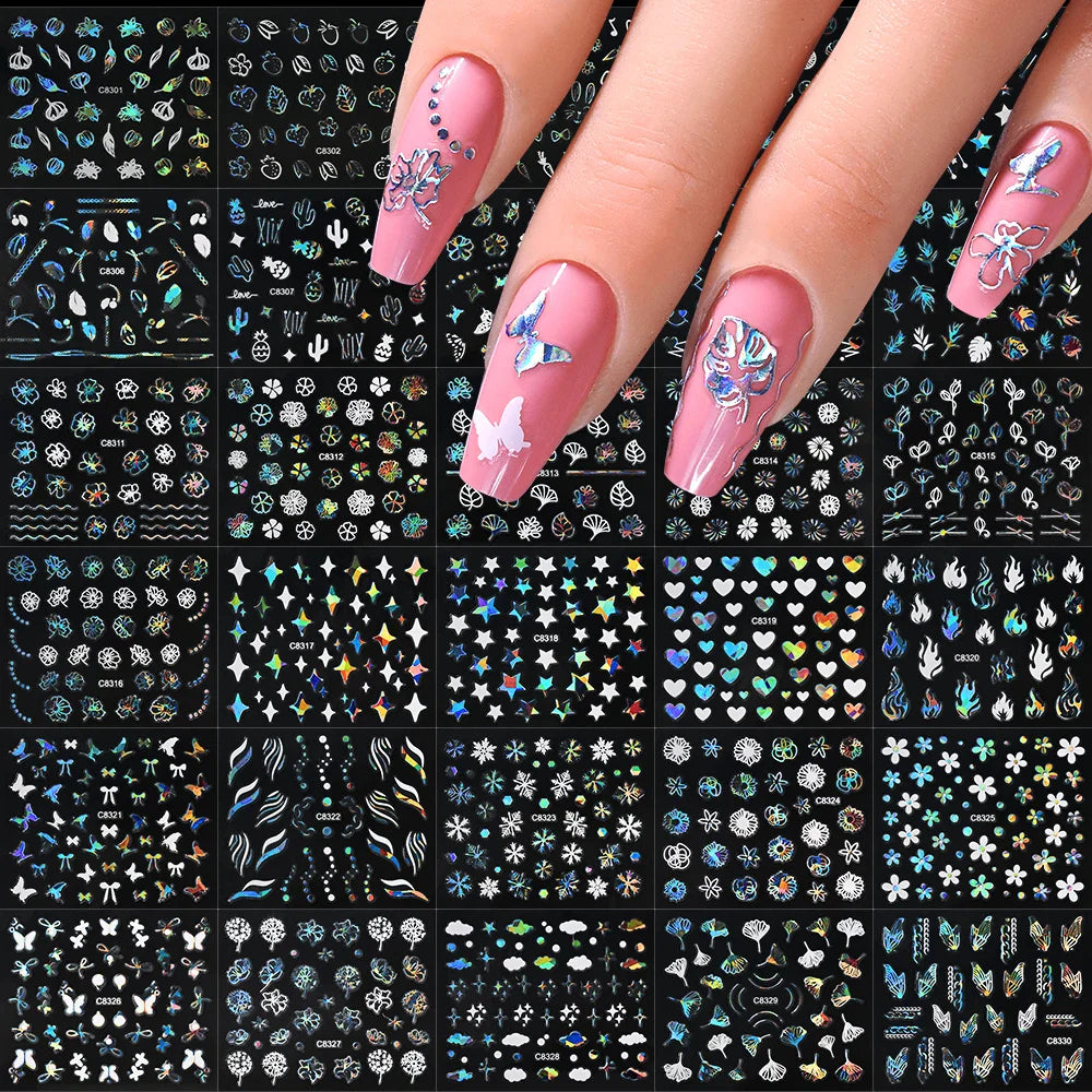30Pcs Laser Silver/White Flowers Hearts Nail Sticker Star/Moon Mixed Shapes Design Self-adhesive Sticker Acrylic Manicure Access (Online Order Only)