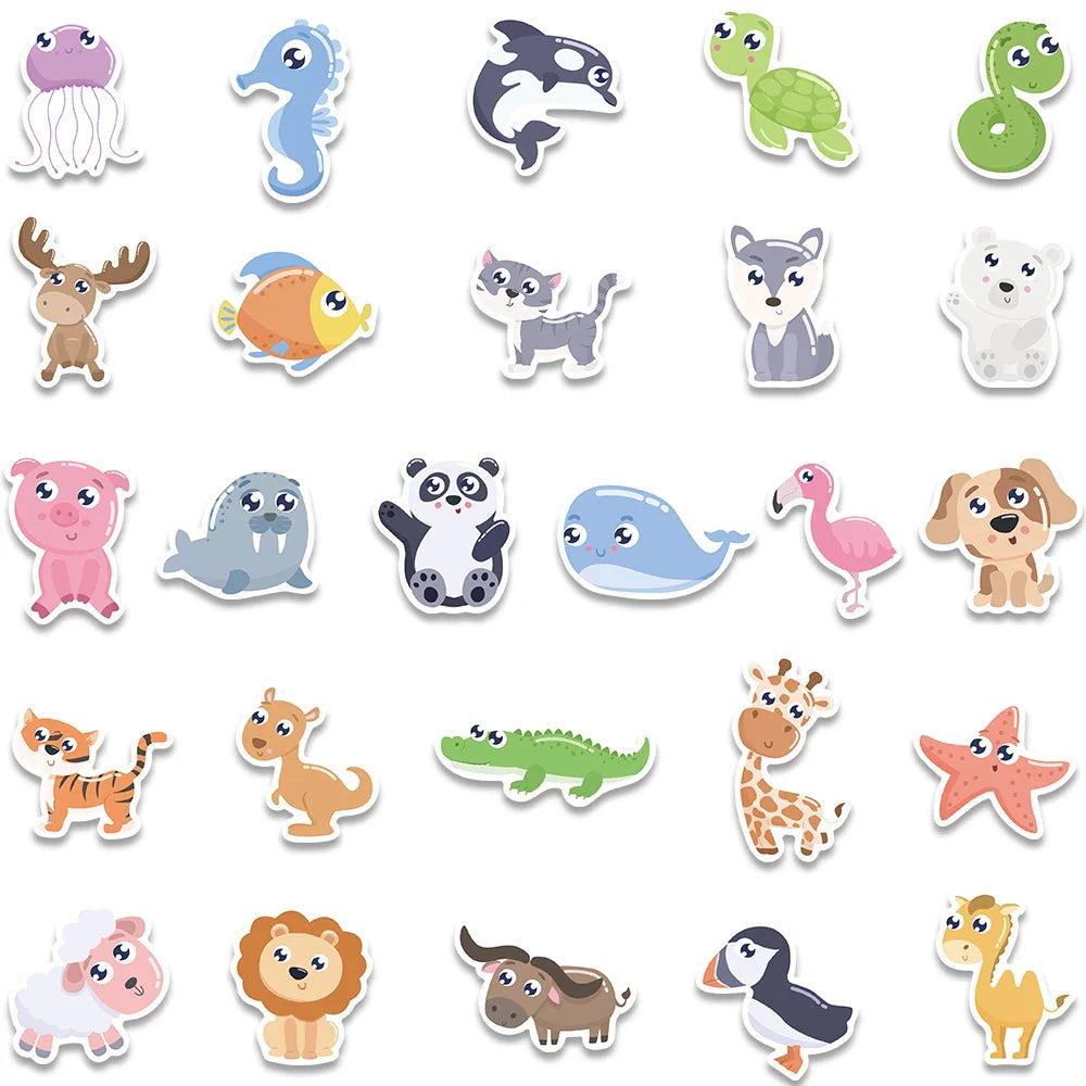 52pcs Cute Cartoon Animals Stickers For Laptop Guitar Luggage Skateboard DIY Waterproof Graffiti Bicycle Car Decals Kids Toy (ONLINE ORDER ONLY)