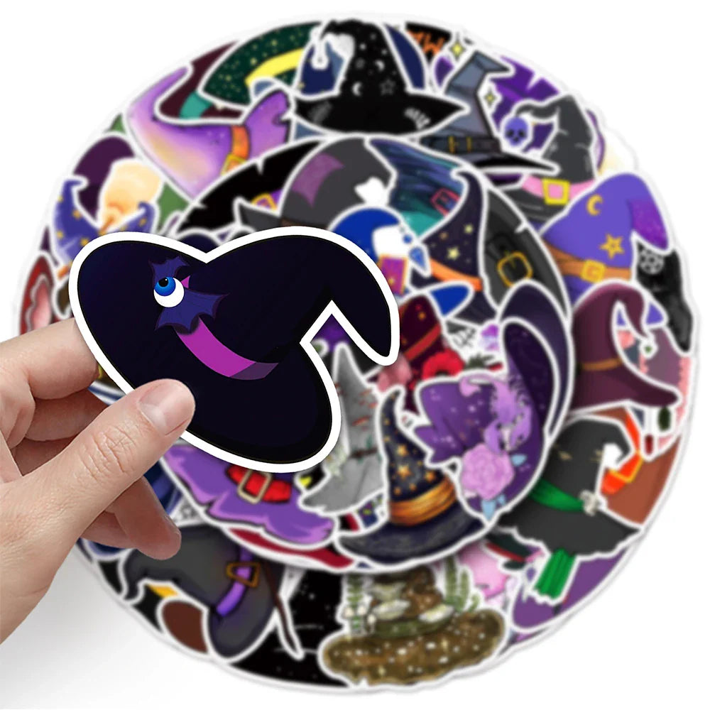10/30/50pcs Cute Cartoon Magic Witch Hat Graffiti Stickers Laptop Skateboard Phone Waterproof Graffiti Decals Fun for Kid Gift (ONLINE ORDER ONLY)