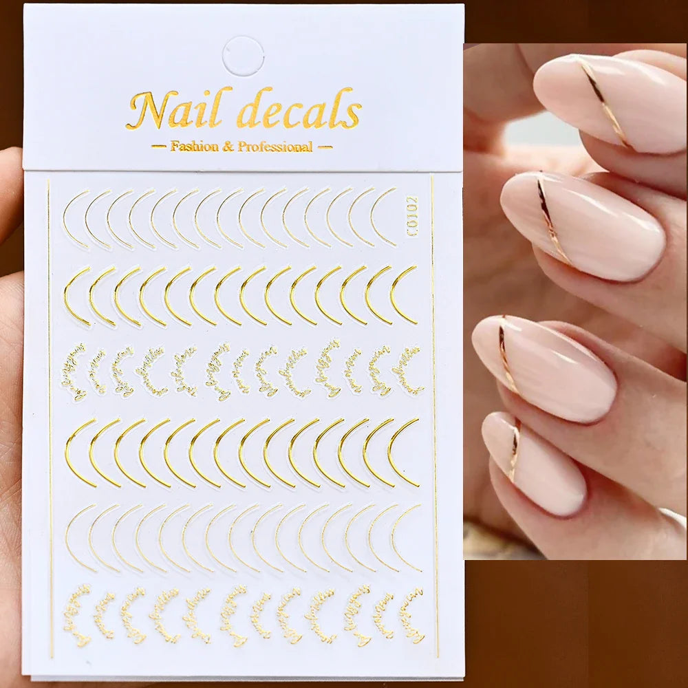 1Pc Laser Silver Gold Lines Stripe Nail Sticker Metal Strip Luxury Nails Slider Self Adhesive Slider Papers Transfer Stickers *& (Online Order Only)