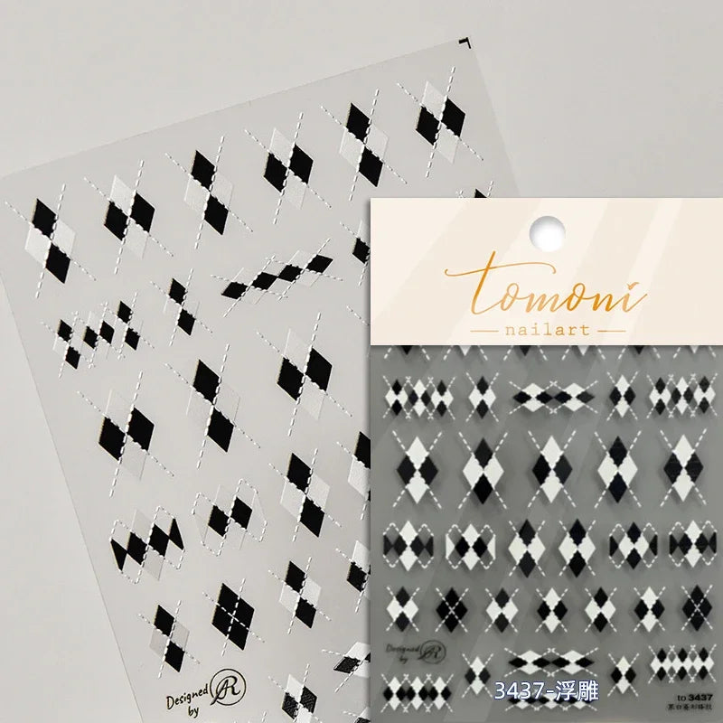 French Style Geometric Black White Square Grid Rhombus Stripe 3D Self Adhesive Nail Art Stickers Shiny Rhinestone Manicure Decal (ONLINE ORDER ONLY)