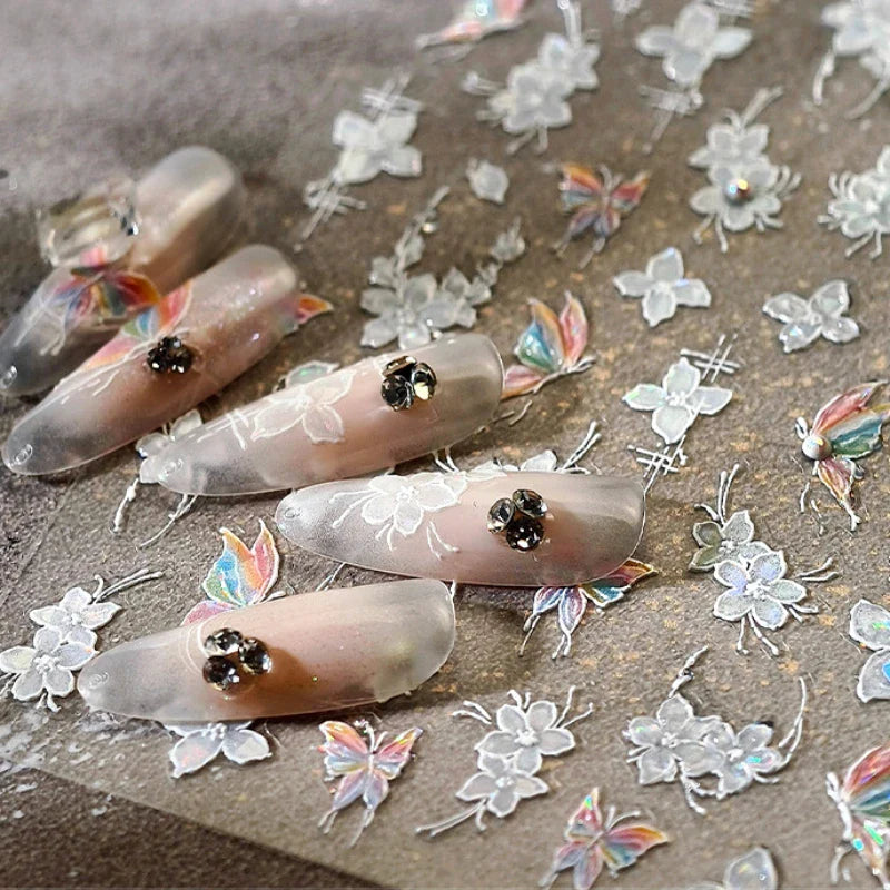 White Flower Colourful Butterfly Pearl Petal Beautiful Garden Charming Plant 5D Self Adhesive Nail Art Stickers Manicure Decals (ONLINE ORDER ONLY)
