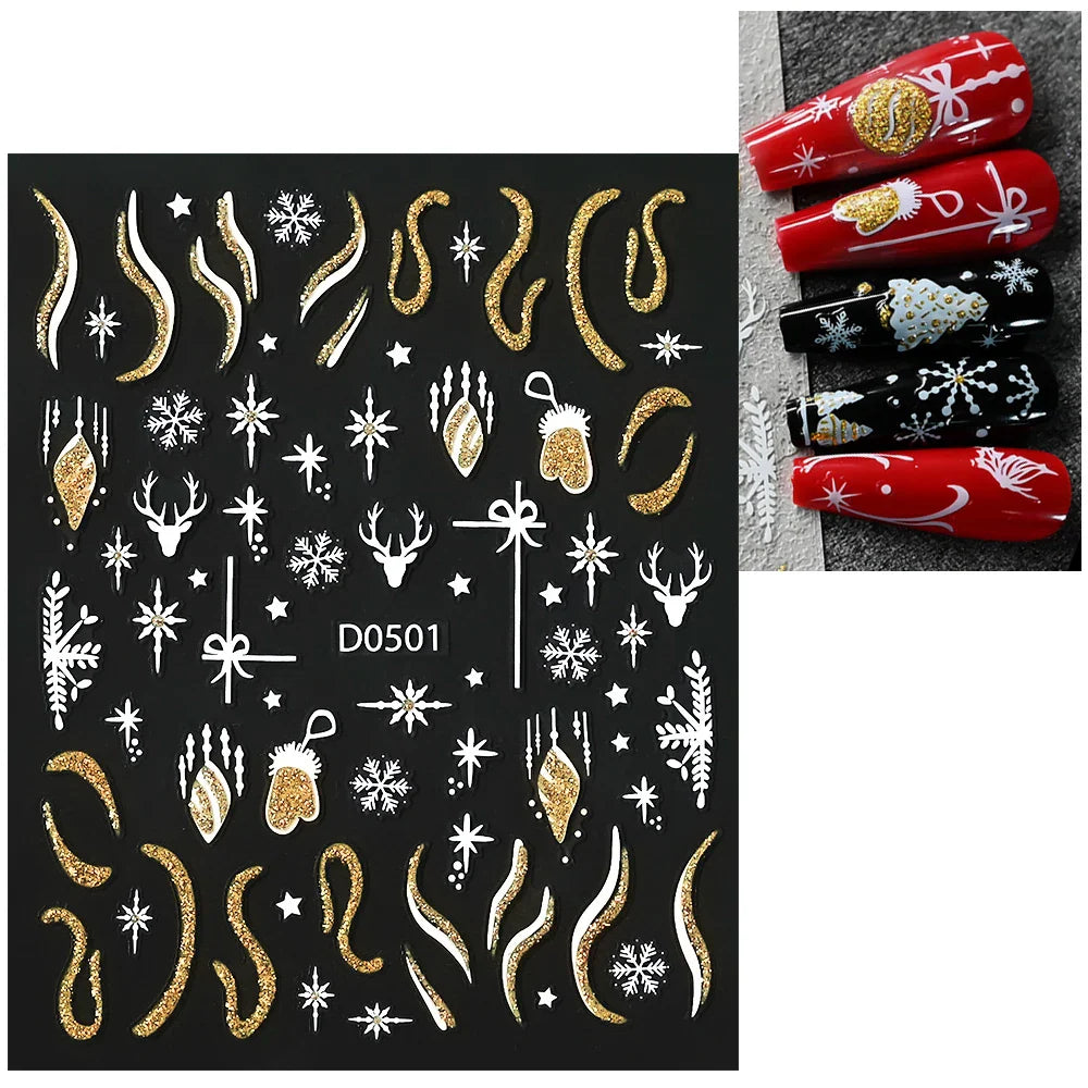 1pc Christmas Nail Sticker 3D Gold Glitter Snowflake Elk Penguin Bells Design Adhesive Nail Slider Decals Winter Manicure Decor* (Online Order Only)