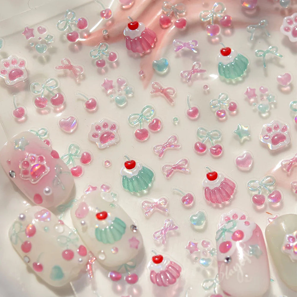 Colored Shiny Jelly Claw Paw Pudding Dessert Cherry Bowknot Cake Bow Tie Drink Food Love Heart Nail Art Sticker Manicure Decal (ONLINE ORDER ONLY)