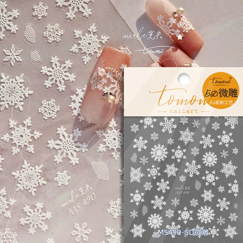 Hot Stamping Romantic White Gold Snowflakes Hexagon Winter 3D Self Adhesive Nail Art Stickers Shiny Rhinestone Manicure Decals (Online Order Only)