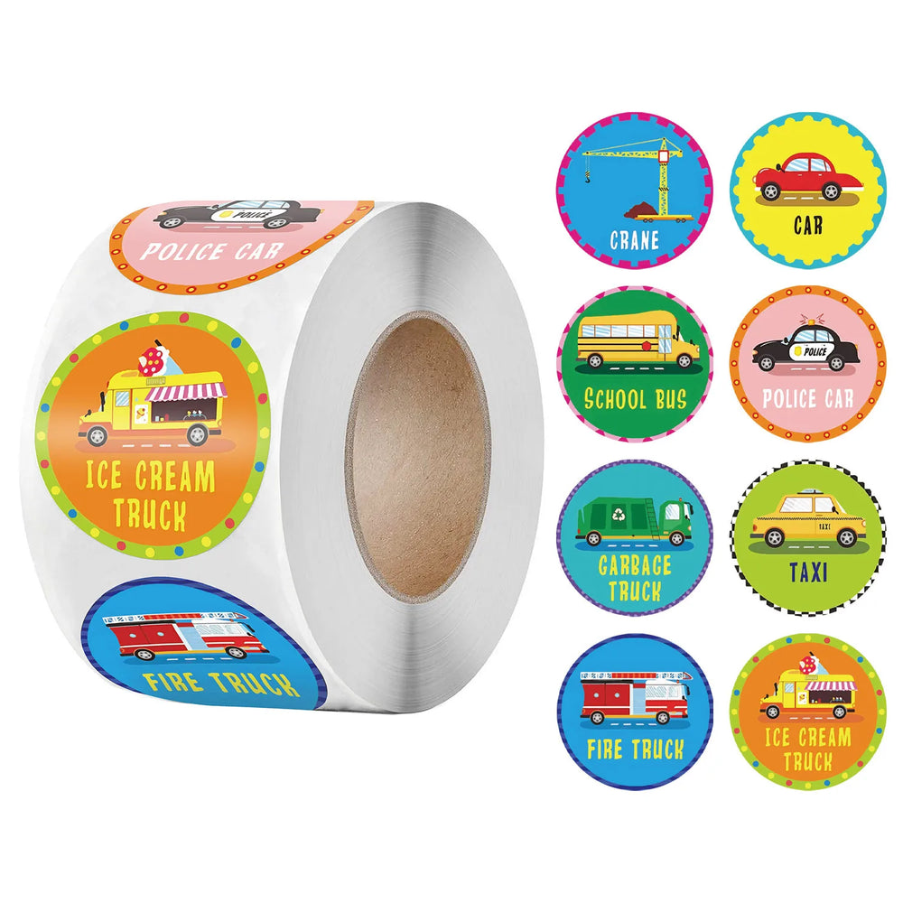 100-500Pcs 1inch Cartoon Car Aircraft Excavator Stickers Children's Toys Reward Learning English Label Stationery Gift Sticker (Online Order Only)