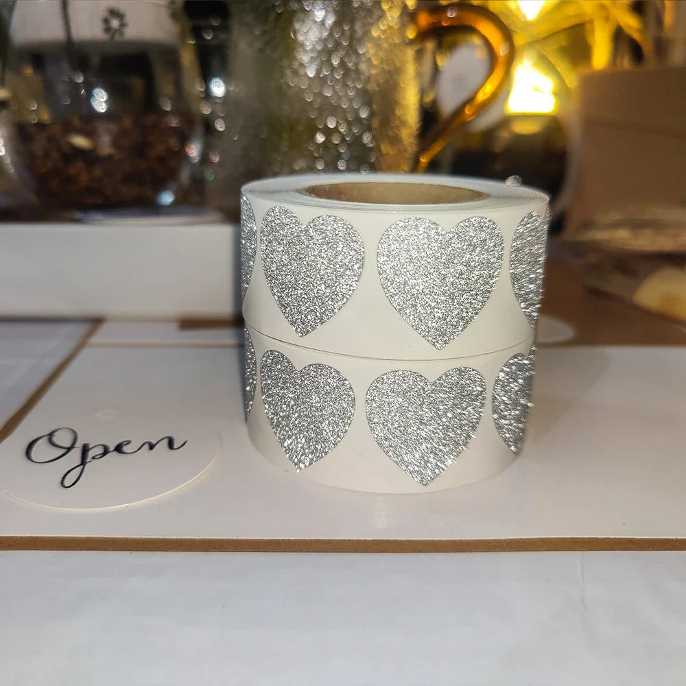 300pcs/roll Exquisite Silver Shiny Dot Heart Shaped Stickers Seal Labels for Gift Package Glitter Card Handmade Decoration (Online Order Only)