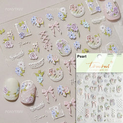 Rose Flower Bouquet Leaves Lace Bowknot Pearl Photo Frame Gird Embossed Reliefs Self Adhesive Nail Art Stickers Manicure Decals (ONLINE ORDER ONLY)