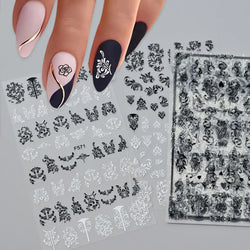 1PC Lace Flower Leaf Nail Sticker Geometric Line Leaf Floral Nail Art Decal Abstract Elegant Black White Pattern Nail Decoration (ONLINE ORDER ONLY)