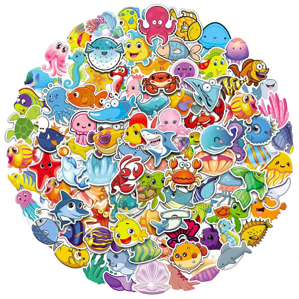 10/30/50/100pcs Cute Marine Animals Stickers Ocean World Cartoon Decals Kids Toy Scrapbook Laptop Luggage Phone Graffiti Sticker (Online Order Only)