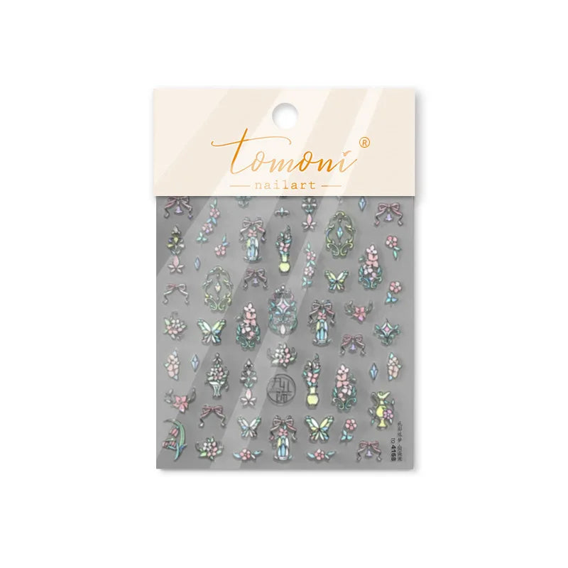 Retro Shiny Glazed Rococo Flower Window Dreamy Butterfly Geometric Frame Stamp Embossed Reliefs Nail Art Stickers Manicure Decal (Online Order Only)