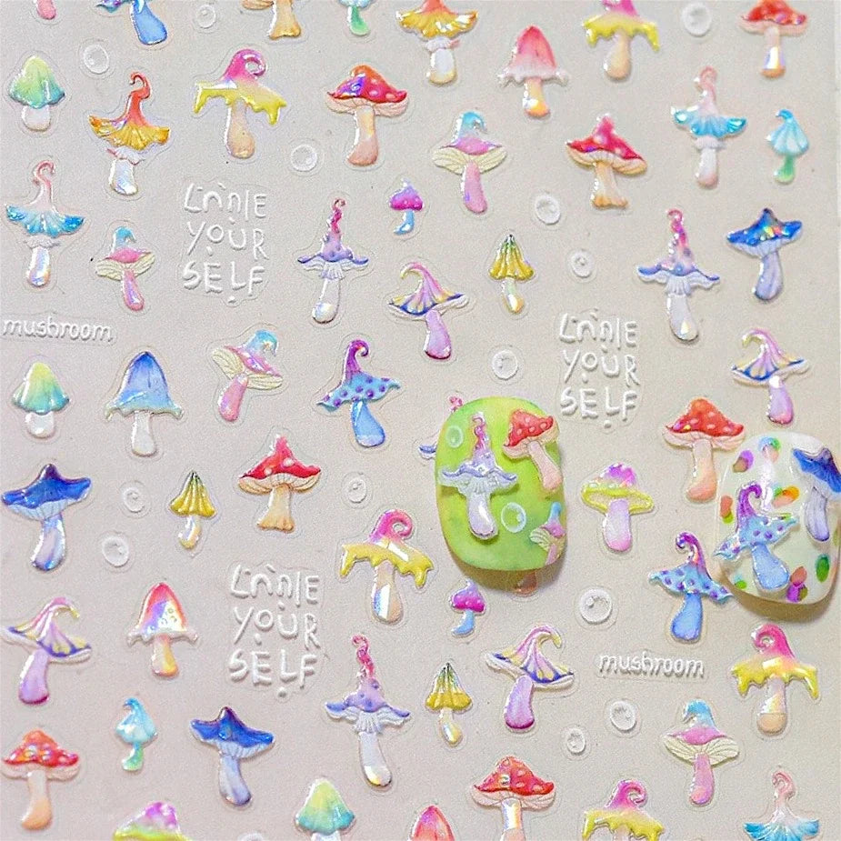 Cute Colored Mushrooms Water Bubbles Umbrella-shaped Plant Various Shapes Fungi Lovely Adhesive Nail Art Stickers Manicure Decal (ONLINE ORDER ONLY)