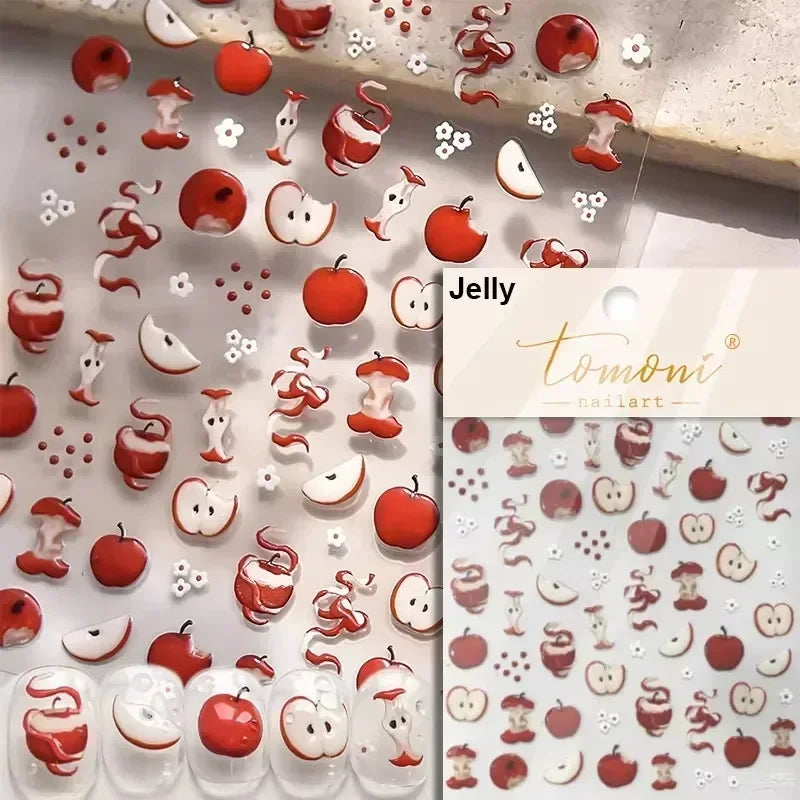 Colorful Food Pudding Alkali Water Bowknot Cream Fork Cup Bread Jelly Fruit Cartoon Cake Relief Nail Art Sticker Manicure Decals (ONLINE ORDER ONLY)