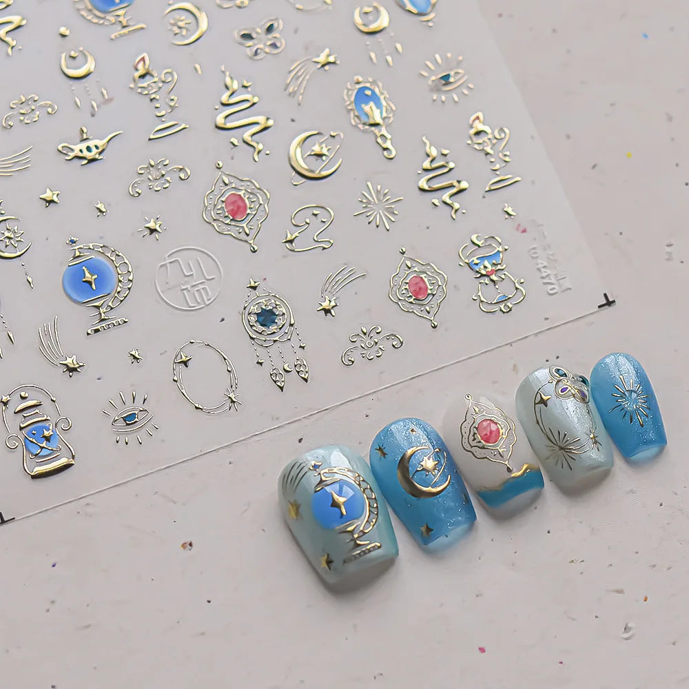 Metal Snake Flower Pattern Stars Eye Pot Moon Butterfly Story Retro Meteor Candle Hourglass Nail Art Sticker Manicure Tool Decal (ONLINE ORDER ONLY)