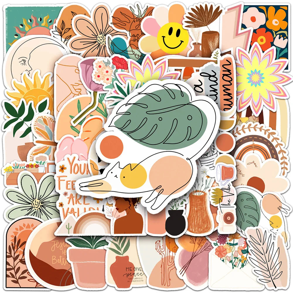 10/30/50PCS Cute Bohemia Art Aesthetic Stickers Scrapbook Laptop Phone Guitar Diary Graffiti Cartoon Boho Sticker Decal Kid Toy (ONLINE ORDER ONLY)