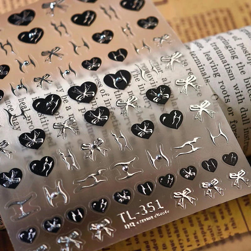 Black Silver Bowknot Love Heart Lace Irregular Line Lava Chic Self Adhesive Nail Art Stickers Embossed Reliefs Manicure Decals (Online Order Only)