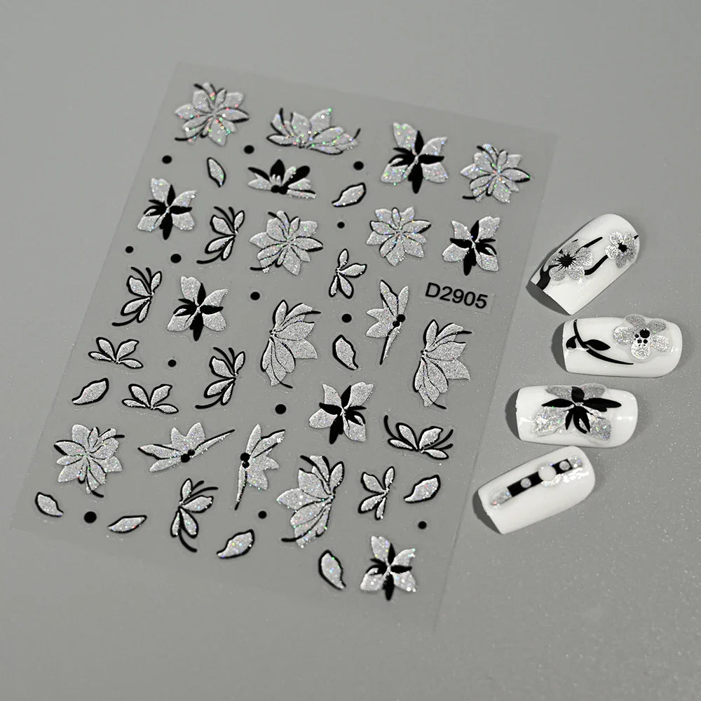 1pcs 5D Floral Nail Art Stickers Acrylic Flowers Decals with Glitter Self-Adhesive Elegant Silver Black Blossoms Theme Nail Art* (ONLINE ORDER ONLY)