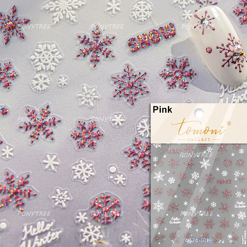 Shiny Pink Silver Hot Stamping Snow Adhesive Nail Art Sticker Snowflake Rhinestone Manicure Decal Nail Supplies for Professional (Online Order Only)