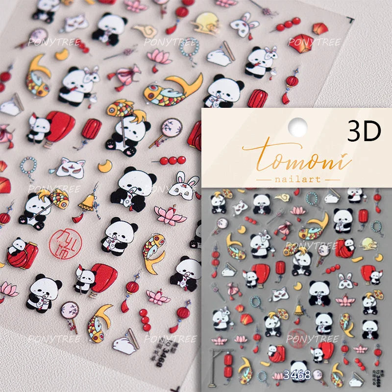 Panda Bamboo Butterfly Pattern Totem Figure Peony Flower Love Heart Adhesive Nail Art Stickers Embroidery Pearl Manicure Decals (ONLINE ORDER ONLY)