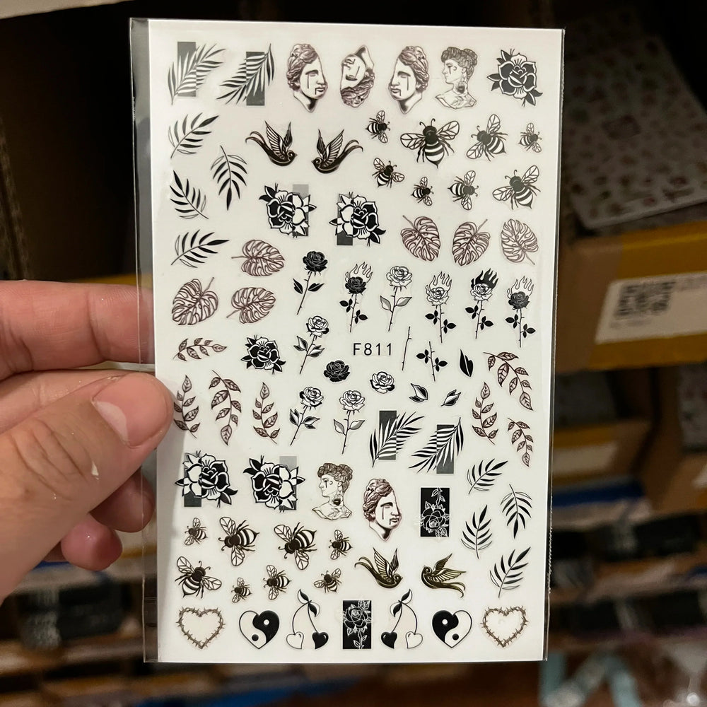 1PC Lace Flower Leaf Nail Sticker Geometric Line Leaf Floral Nail Art Decal Abstract Elegant Black White Pattern Nail Decoration (ONLINE ORDER ONLY)