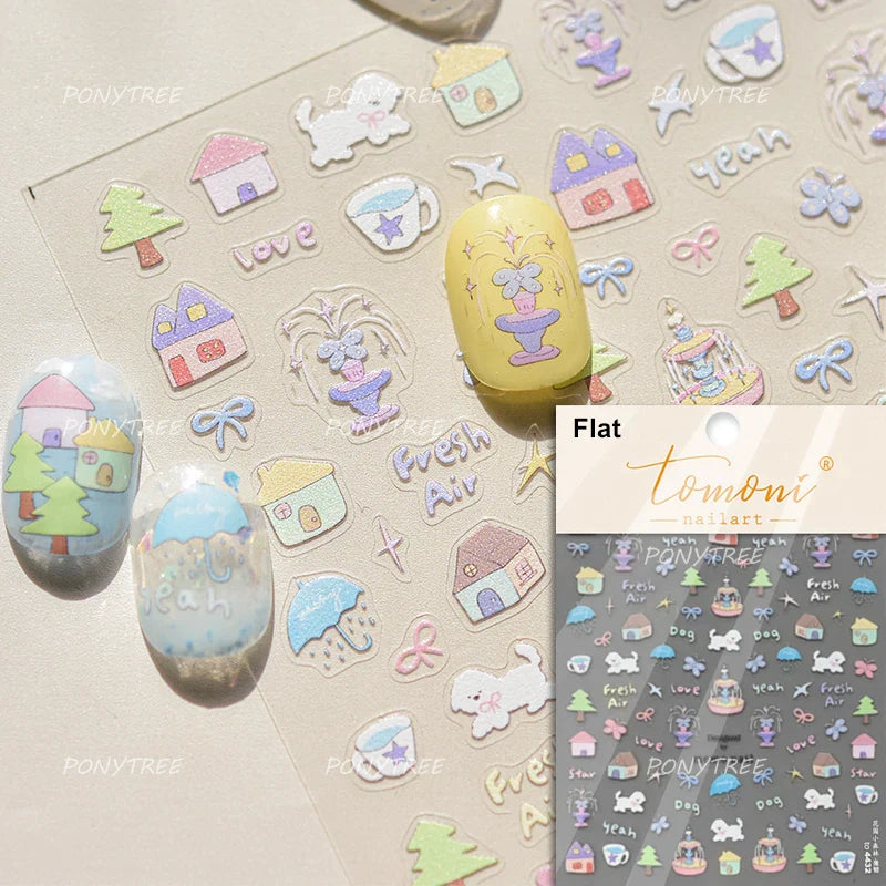 Spring Dog Bear Toy Rose Flower Floral Print Letter Bone Butterfly Cat Puppy Relief Adhesive Nail Art Stickers Manicure Decals (Online Order Only)