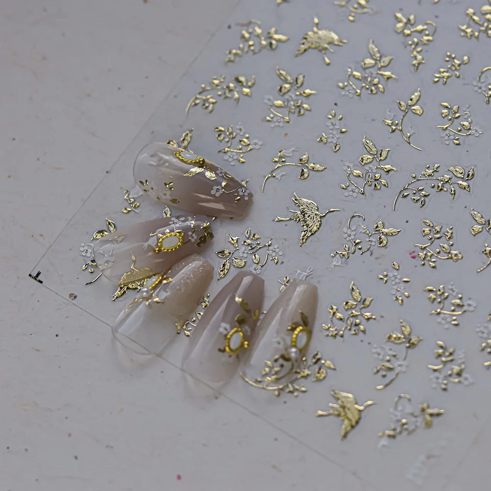 Dried Flowers Rose Butterfly Love Heart Golden Stroke Flying Crane Silver Adhesive Nail Art Stickers Rhinestone Manicure Decals (ONLINE ORDER ONLY)