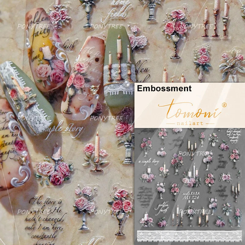 Watercolor Style Colourful Rose Flower Embossment Romantic Garden 5D Self Adhesive Nail Art Decoration Stickers Manicure Decals (ONLINE ORDER ONLY)