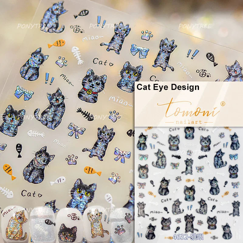 Cream Wind Cat Rabbit Kitten Bunny Bowknot Flower Butterfly Cake Cherry Tulip 5D Self Adhesive Nail Art Stickers Manicure Decals (Online Order Only)