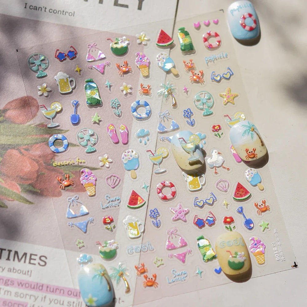 Summer Beach Bikini Watermelon Cat Popsicle Swim Ring Ice Cream Shell Coconut Tree Nail Art Decoration Stickers Manicure Decals (Online Order Only)