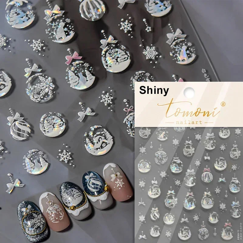 Winter Christmas Crystal Delicate Hexagon Romantic Laser Silver Chic Snowflakes Self Adhesive Nail Art Sticker 5D Manicure Decal (ONLINE ORDER ONLY)