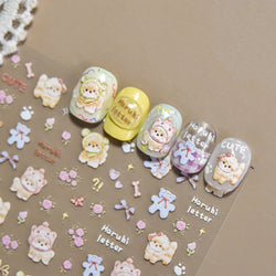 Spring Dog Bear Toy Rose Flower Floral Print Letter Bone Butterfly Cat Puppy Relief Adhesive Nail Art Stickers Manicure Decals (Online Order Only)