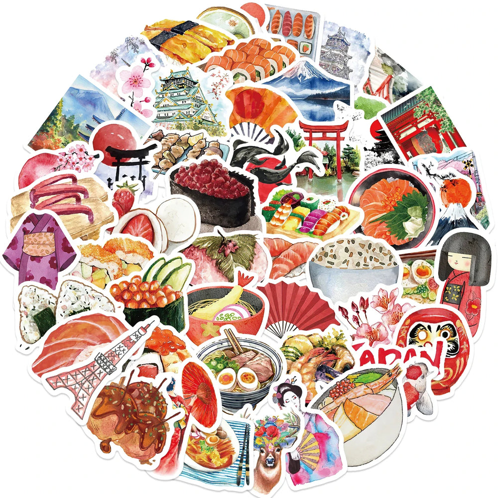 64pcs Watercolor Japan Travel Cartoon Graffiti Sticker DIY Phone Guitar Laptop Notebook Suitcase Cup Waterproof Sticker Kid Toy﻿ (Online Order Only)