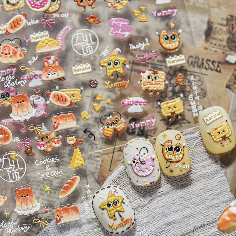 Sweet Cookies Biscuit Snack Delicious Doughnut Savoury Food Bicky Croissant Cheese Pudding Baguette Chic Nail Art Stickers Decal (ONLINE ORDER ONLY)