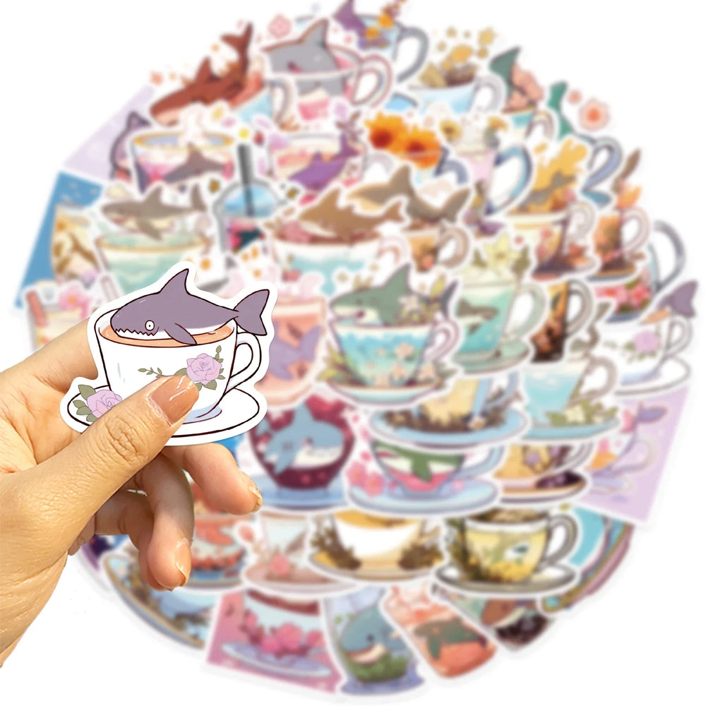 50pcs Shark And Cup Stickers Cartoon Waterproof Pvc Decals for Skateboard Helmet Laptop Bicycle Motorcycle Stickers Kids Toy (ONLINE ORDER ONLY)