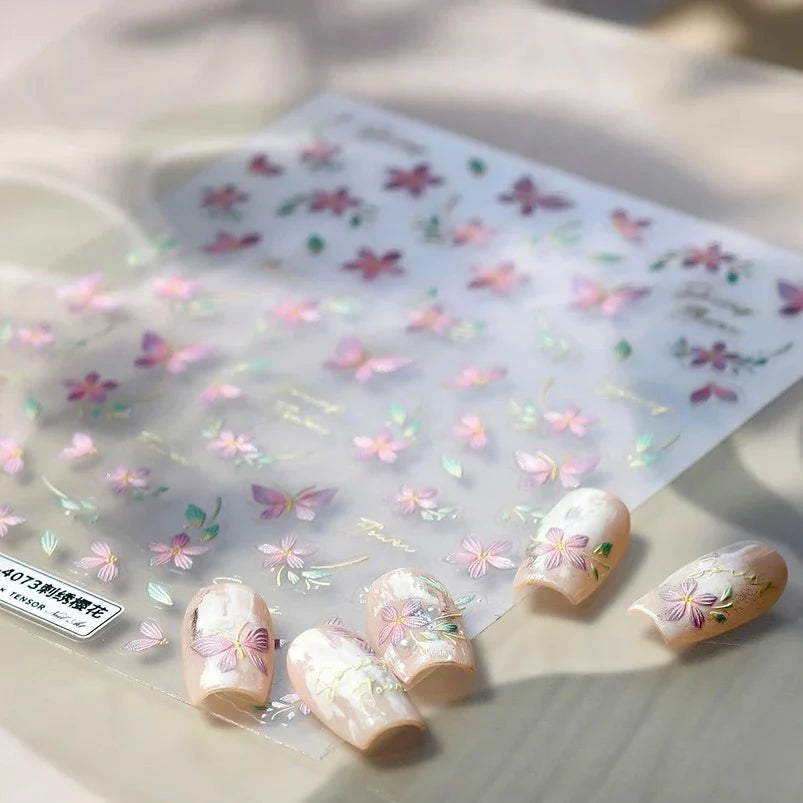 Charming Pink Purple Embroidery Gradual Butterfly Flowers Green Leaf 5D Tender Self Adhesive Nail Art Stickers Manicure Decals (ONLINE ORDER ONLY)