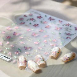 Charming Pink Purple Embroidery Gradual Butterfly Flowers Green Leaf 5D Tender Self Adhesive Nail Art Stickers Manicure Decals (ONLINE ORDER ONLY)