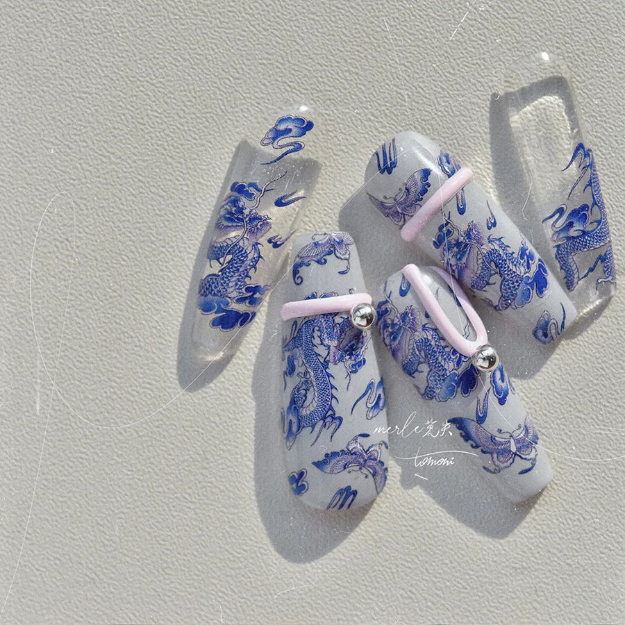 Retro Embroidered Dragon Red Pink Blue White Porcelain Chinese 3D Embossed Relief Self Adhesive Nail Art Stickers Manicure Decal (ONLINE ORDER ONLY)
